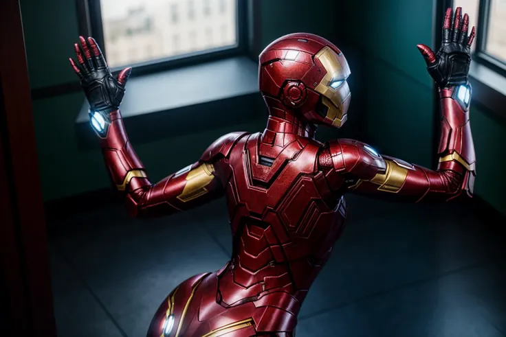 Marvel s,full body,from side and behind,from above,photo of a 18 year old girl,ironman,looking at viewer,dancing,waving hands,spinning,happy,ray tracing,detail shadow,shot on Fujifilm X-T4,85mm f1.2,depth of field,blurry background,bokeh,motion blur,<lora:add_detail:1>,