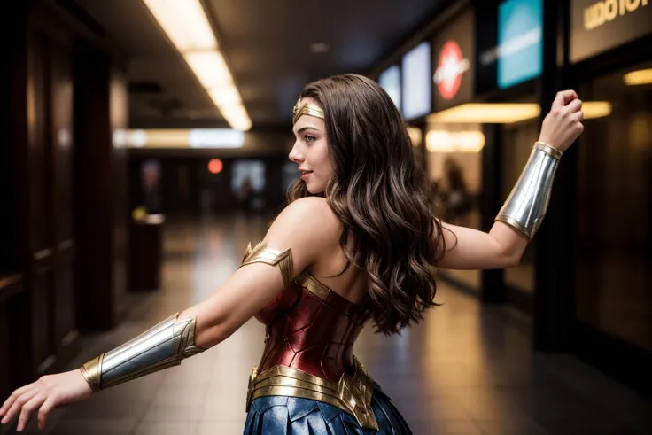 DC s,from side and behind,photo of a 18 year old girl,wonder woman,dancing,happy,looking at viewer,nice hands,perfect hands,<lyco:GoodHands-beta2:1>,hand of Guido Daniele,windy,ray tracing,detail shadow,shot on Fujifilm X-T4,85mm f1.2,depth of field,bokeh,motion blur,<lora:add_detail:1>,