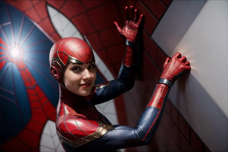 Marvel s,full body,from side and front,photo of a 18 year old girl,spiderman,looking at viewer,wildly dancing,happy,bare hands,windy,ray tracing,detail shadow,shot on Fujifilm X-T4,85mm f1.2,depth of field,bokeh,motion blur,<lora:add_detail:1>,