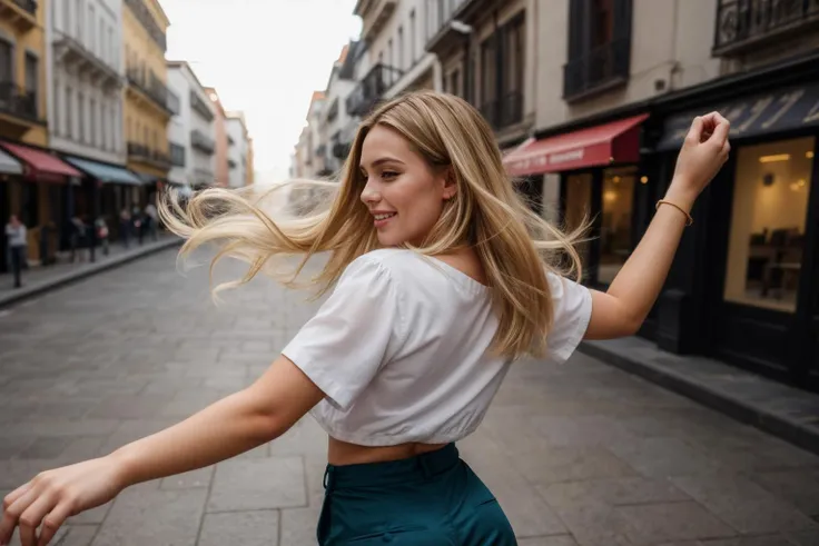 from side and behind,photo of a 25 year old girl,dancing,happy,looking at viewer,nice hands,perfect hands,<lyco:GoodHands-beta2:1>,hand of Guido Daniele,shirt,pants,windy,ray tracing,detail shadow,shot on Fujifilm X-T4,85mm f1.2,depth of field,bokeh,motion blur,<lora:add_detail:1>,