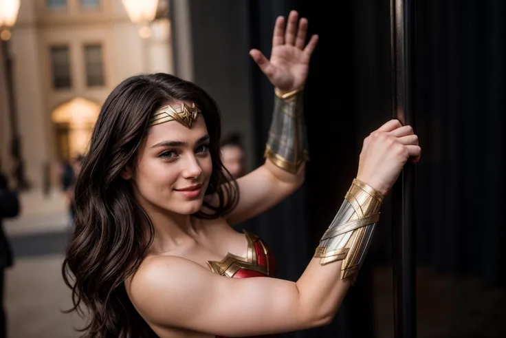 DC s,full body,from side and front,photo of a 18 year old girl,wonder woman,looking at viewer,wildly dancing,happy,bare hands,ray tracing,detail shadow,shot on Fujifilm X-T4,85mm f1.2,depth of field,blurry background,bokeh,motion blur,<lora:add_detail:1>,