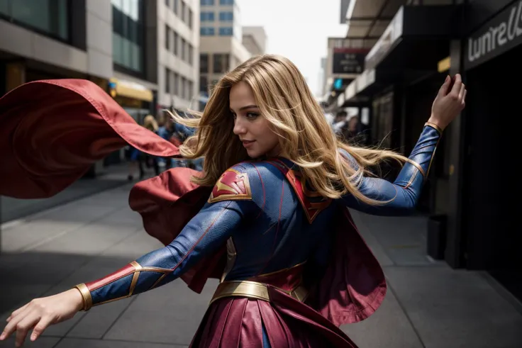 DC movies,from side and behind,photo of a 25 year old girl,supergirl,dancing,happy,looking at viewer,nice hands,perfect hands,<lyco:GoodHands-beta2:1>,hand of Guido Daniele,windy,ray tracing,detail shadow,shot on Fujifilm X-T4,85mm f1.2,depth of field,bokeh,motion blur,<lora:add_detail:1>,