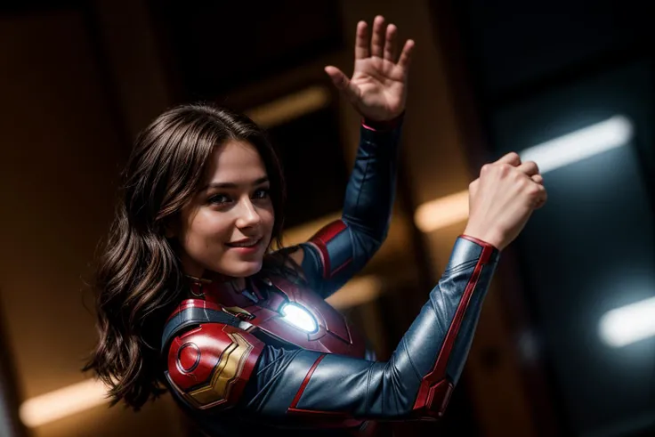 Marvel movies,full body,from side and front,photo of a 18 year old girl,ironman,looking at viewer,wildly dancing,happy,bare hands,ray tracing,detail shadow,shot on Fujifilm X-T4,85mm f1.2,depth of field,blurry background,bokeh,motion blur,<lora:add_detail:1>,