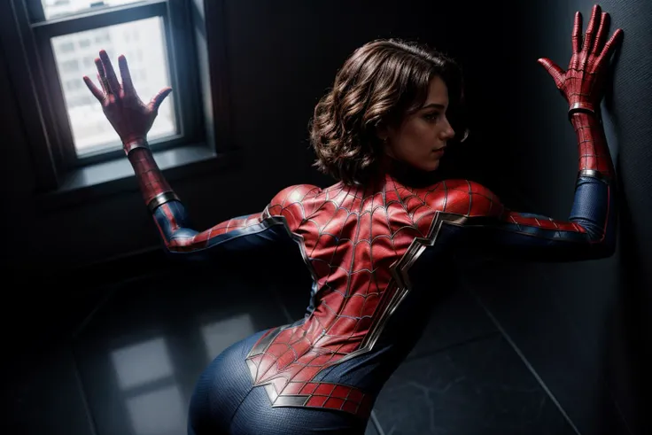 Marvel s,full body,from side and behind,from above,photo of a 18 year old girl,spiderman,looking at viewer,dancing,waving hands,spinning,happy,ray tracing,detail shadow,shot on Fujifilm X-T4,85mm f1.2,depth of field,blurry background,bokeh,motion blur,<lora:add_detail:1>,