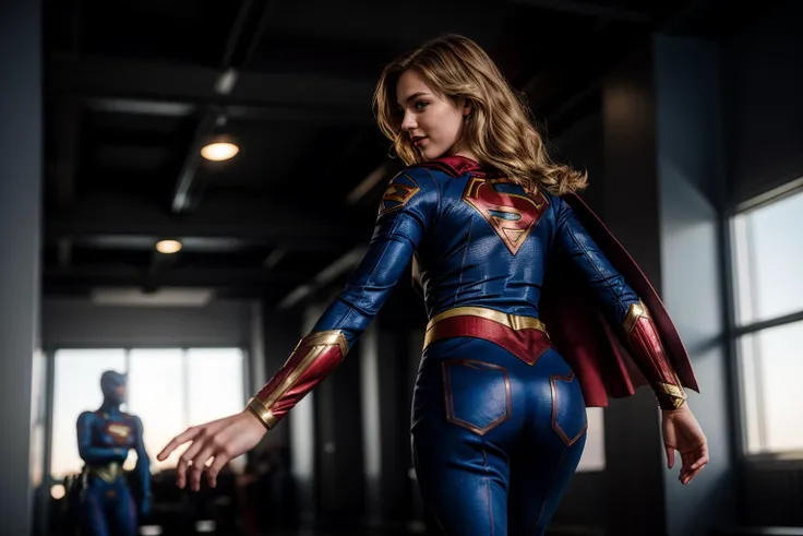 DC movies,full body,from behind,photo of a 18 year old girl,supergirl,dancing,spinning,happy,pants,ray tracing,detail shadow,shot on Fujifilm X-T4,85mm f1.2,depth of field,blurry background,bokeh,motion blur,<lora:add_detail:1>,