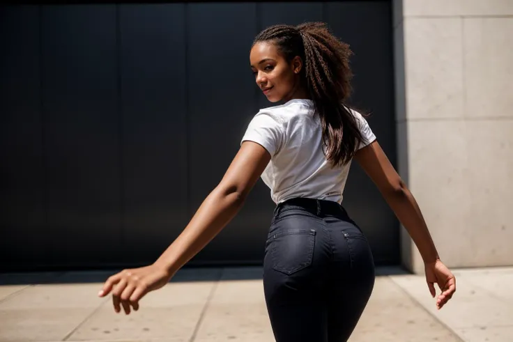 full body,from behind,photo of a 18 year old girl,dancing,spinning,(looking back:1.3),happy,shirt,pants,outdoor,windy,rush hour,new york city,ray tracing,detail shadow,shot on Fujifilm X-T4,85mm f1.2,depth of field,blurry background,bokeh,motion blur,<lora:add_detail:1>,