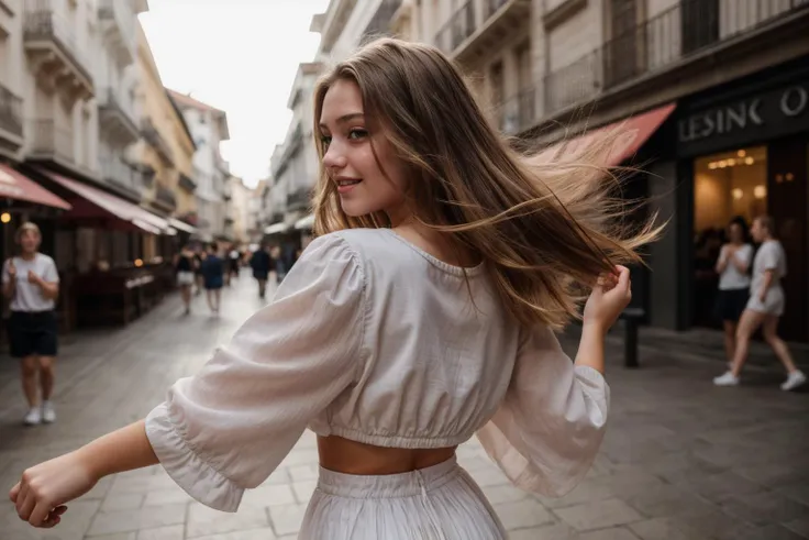 full body,from behind,photo of a 18 year old girl,(((looking at viewer))),wildly dancing,happy,nice hands,perfect hands,<lyco:GoodHands-beta2:1>,hand of Guido Daniele,windy,ray tracing,detail shadow,shot on Fujifilm X-T4,85mm f1.2,depth of field,bokeh,motion blur,<lora:add_detail:1>,