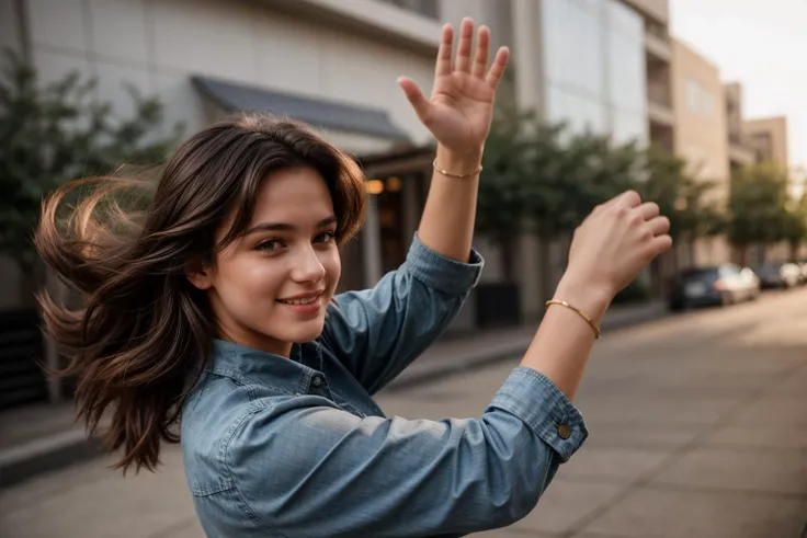 full body,from side and front,photo of a 18 year old girl,looking at viewer,wildly dancing,happy,bare hands,shirt,pants,windy,ray tracing,detail shadow,shot on Fujifilm X-T4,85mm f1.2,depth of field,blurry background,bokeh,motion blur,<lora:add_detail:1>,