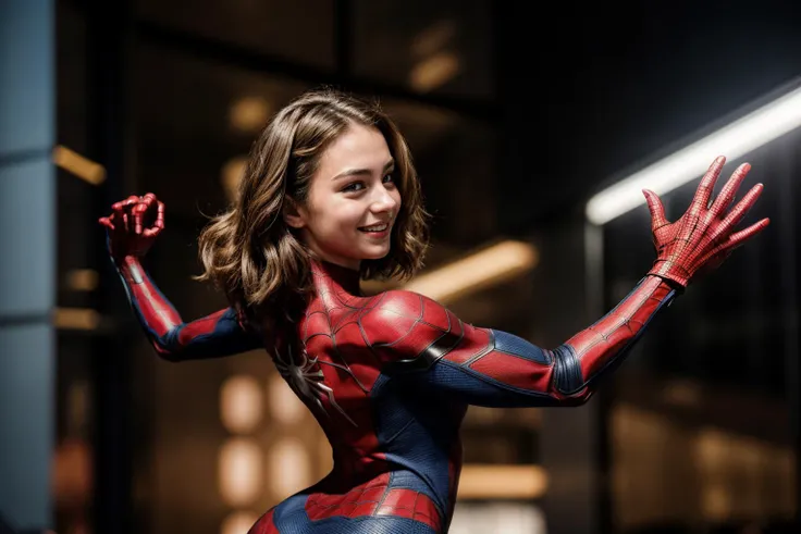 marvel s,((((from side and behind)))),photo of a 18 year old girl,spiderman,dancing,happy,laughing,nice hands,perfect hands,<lyco:GoodHands-beta2:1>,hand of Guido Daniele,windy,ray tracing,detail shadow,shot on Fujifilm X-T4,85mm f1.2,depth of field,bokeh,motion blur,<lora:add_detail:1>,