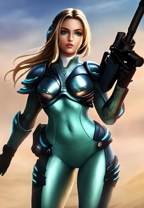 beautiful, masterpiece, best quality,perfect lighting, <lora:NovaV2:0.8>, NovaV2, 1girl, solo, green eyes, weapon, armor, gun, bodysuit, skin tight, rifle, science fiction, sniper rifle, realistic, shiny,