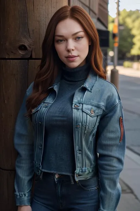 (RAW, analogue, Nikon Z 14mm ultra-wide angle lens, award-winning glamour photograph, ((best quality)), ((masterpiece)), ((realistic)), skin pores, subsurface scattering, radiant light rays, high-res, detailed facial features, high detail, sharp focus, smooth, aesthetic, extremely detailed, (extremely detailed eyes, extremely detailed iris), extremely detailed hair, extremely detailed skin, extremely detailed clothes, octane render, photorealistic, realistic, post-processing, max detail, realistic shadows, roughness, natural skin texture, real life, ultra-realistic, photorealism, photography, 8k UHD, photography, hdr, intricate, elegant, highly detailed, sharp focus, stunning, beautiful, gorgeous), (photorealistic), (realistic), 14ur4pr3p0n, full body, red hair, green eyes, (denim jacket:1.3), (black turtleneck sweater:1.1), jeans, lips, outdoors, on a ranch, leaning on a wooden post, looking at viewer, upper body, morning, bright, <lora:Laura_Prepon_PMv1_Lora:1.3>,