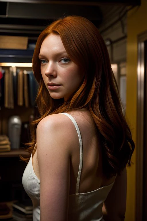 14ur4pr3p0n, red hair, wearing 1970s clothing, surrounded by clutter, basement, vray render, ray tracing, subsurface scattering, by Josan Gonzalez and Liang Mark (upper body shot), (looking at viewer:1.3), (hyper realistic:1.3), (portrait:1.2), highly detailed eyes, (highly detailed skin:1.3), (freckles:0.6), pores, (4k), back lit, rim light, <lora:Laura_Prepon_PMv1_Lora:1.3>,