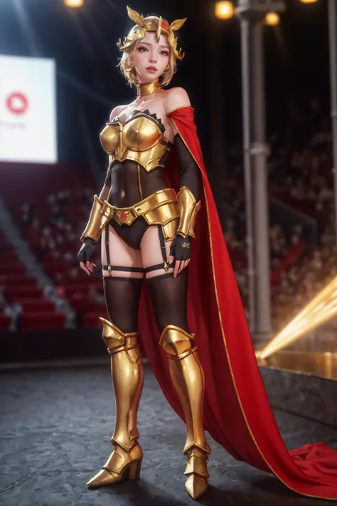 Masterpiece, best quality, awards winning photograph, 1girl, (black lace underwear:1.3), ((corset armor)), (black lace bra:1.4), extremely beautiful, fit body, full makeups, blue eyes, ((full legs armor:1.3)), ((gold legs armor:1.3)), ((full hands armor:1.3)), ((gold hands armor:1.3)), wavy hair, ((pink hair)), gold hair-accessories, extreme details, crisp picture, ((model posing in the middle)), ((symmetrical pose:1.2)), (full body portrait:1.3), front view, small breasts, (perfect anatomy), volumetric lights, octane rendering, night at the beach, sea, orange clouds, full of stars, aurora borealis, shooting stars, backlight, from below, front view, 