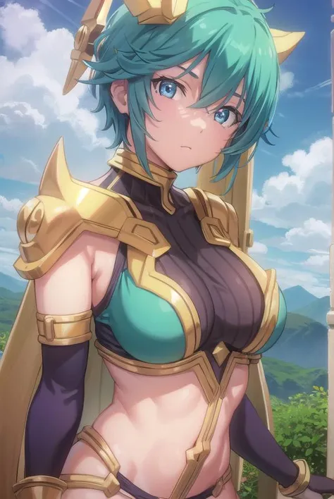 yulangmirage, <lora:yulang mirage-lora-nochekaiser:1>,
yulang mirage, short hair, aqua eyes, aqua hair, hair between eyes,
BREAK gloves, bare shoulders, elbow gloves, fingerless gloves, cape, armor, headgear, gold armor,
BREAK outdoors, forest, nature, sun, sky, clouds,
BREAK looking at viewer, (cowboy shot:1.5),
BREAK <lyco:GoodHands-beta2:1>, (masterpiece:1.2), best quality, high resolution, unity 8k wallpaper, (illustration:0.8), (beautiful detailed eyes:1.6), extremely detailed face, perfect lighting, extremely detailed CG, (perfect hands, perfect anatomy),