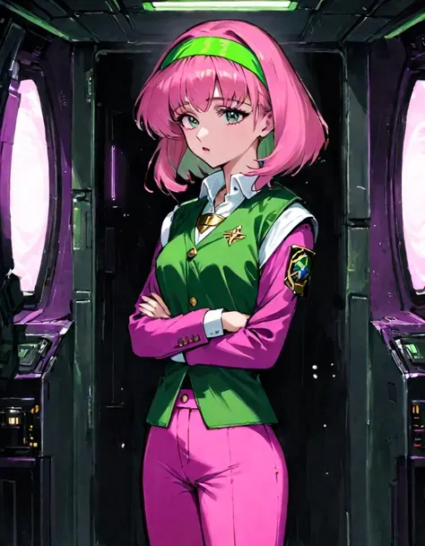 style of warhammer 40k,a woman,heikevahs,standing,looking at viewer,crossed arms,green headband,vest,collared shirt,long sleeves,pink pants,in dark spacecraft interior,((stroking chin)),contemplative, <lora:VahsXL:0.8>