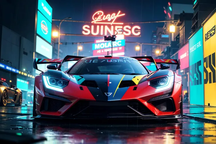 (digital artwork), EV Super car, wide body kit, modified car, racing livery, raining
masterpiece, best quality, realistic, ultra highres, depth of field,
(full dual colour neon lights:1.2), (hard dual colour lighting:1.4), (detailed background), (masterpiece:1.2), (ultra detailed), (best quality), intricate, comprehensive cinematic, magical photography, (gradients), colorful, detailed landscape, visual key,