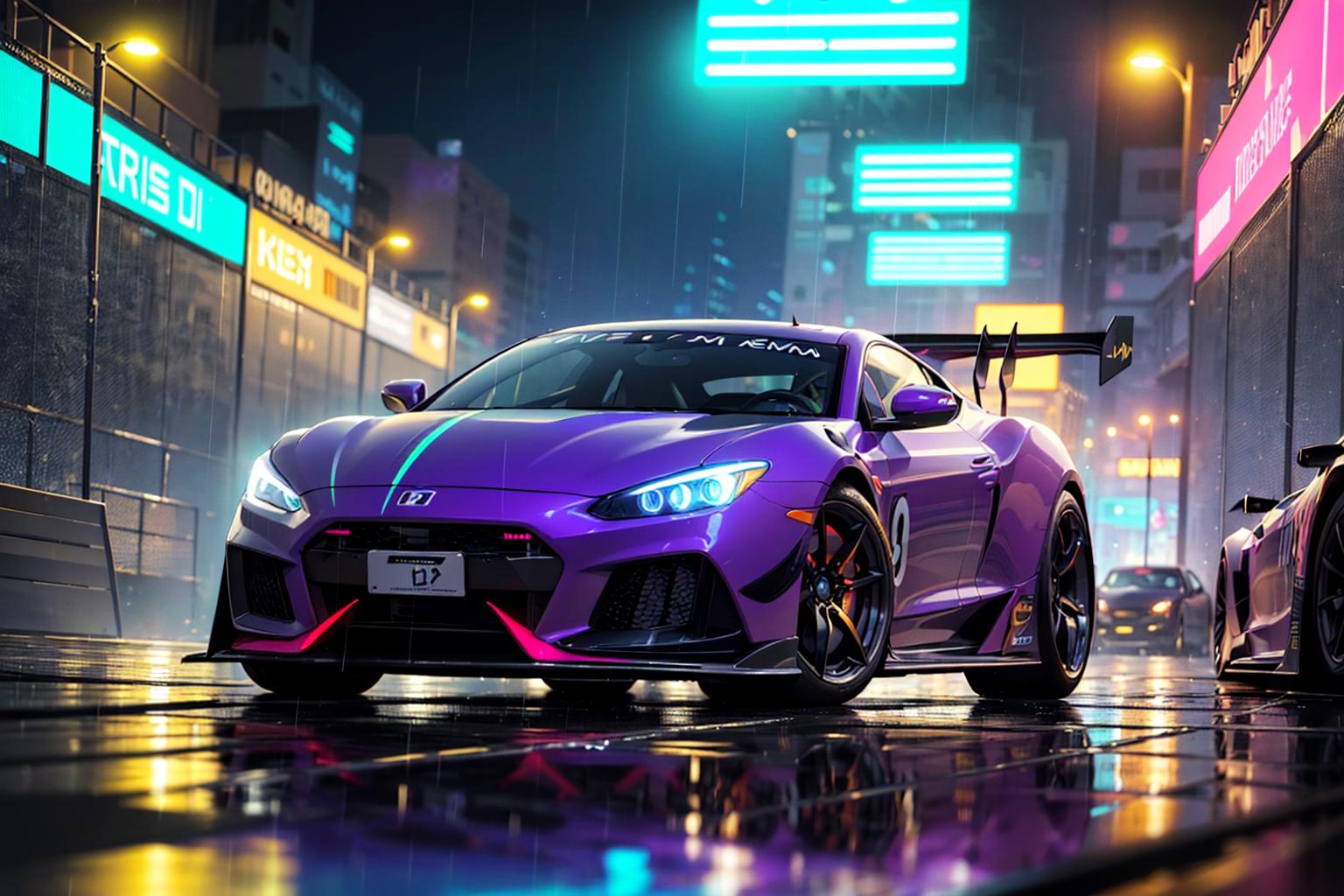 A purple sports car parked on a wet street in the rain - SeaArt AI