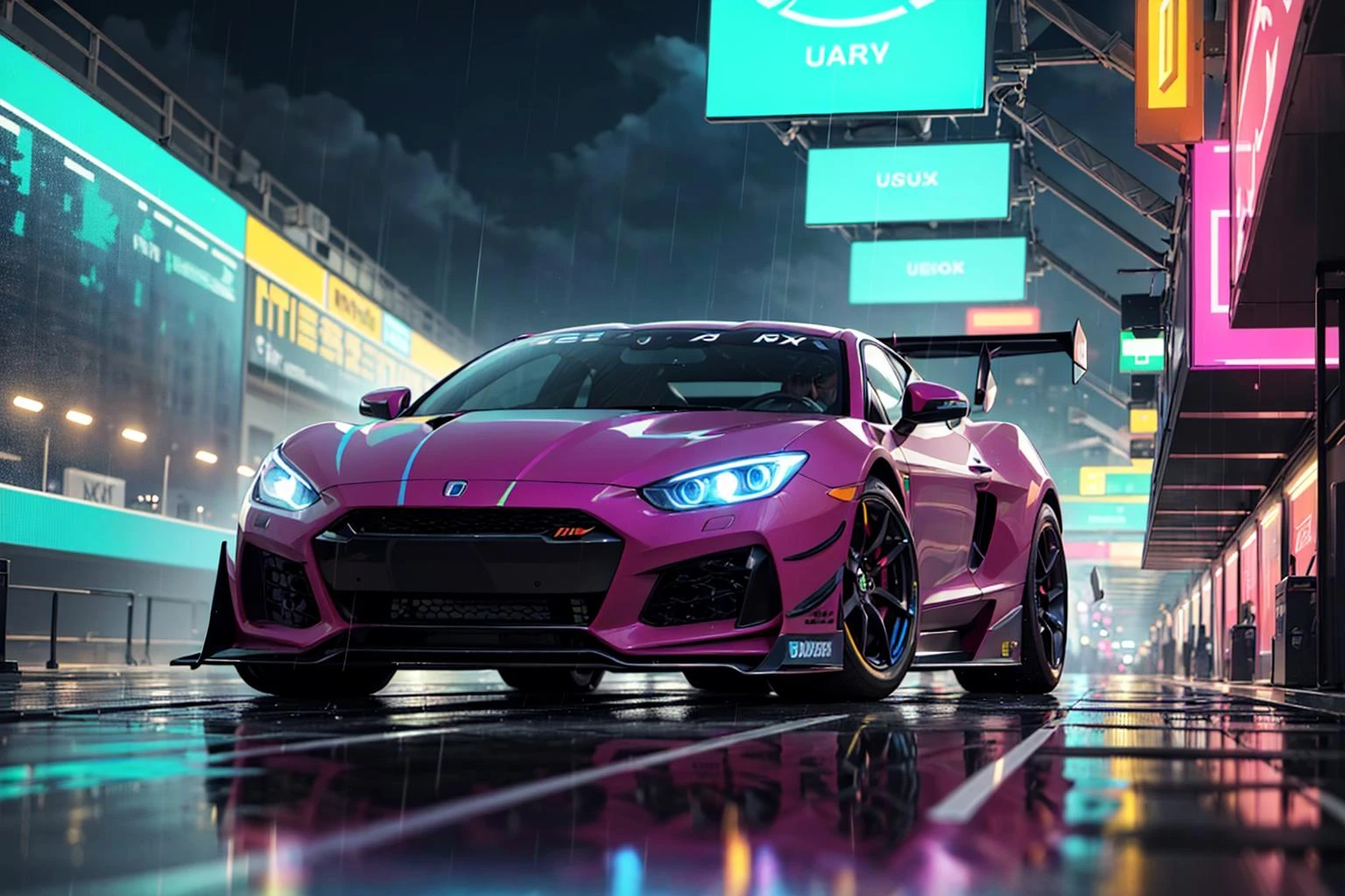 (digital artwork), Super car, wide body kit, modified car, racing livery, raining
masterpiece, best quality, realistic, ultra highres, depth of field,
(full dual colour neon lights:1.2), (hard dual colour lighting:1.4), (detailed background), (masterpiece:1.2), (ultra detailed), (best quality), intricate, comprehensive cinematic, magical photography, (gradients), colorful, detailed landscape, visual key,