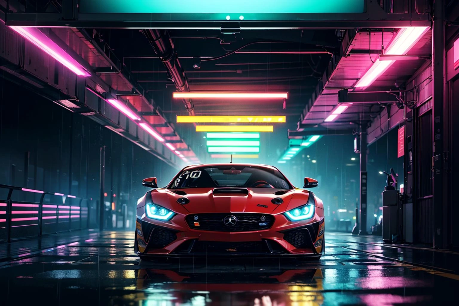 (digital artwork), Super car, wide body kit, modified car, racing livery, raining
masterpiece, best quality, realistic, ultra highres, depth of field,
(full dual colour neon lights:1.2), (hard dual colour lighting:1.4), (detailed background), (masterpiece:1.2), (ultra detailed), (best quality), intricate, comprehensive cinematic, magical photography, (gradients), colorful, detailed landscape, visual key,