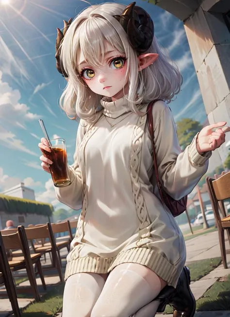 ((best quality)), ((highly detailed)), absurdres, (detailed eyes, deep eyes), (1girl), dutch_angle, on one knee, <lora:hairdetailer:.9>, ((sheep girl)), ((ram horns)), , ((white hair:1.3)), short hair, (((curly hair))), yellow eyes, <lora:horizontal_pupils-v2:.95>, horizontal pupils, ð, (freckles), sheep wool, wooly, fluffy, large breasts, (white sweater, sweater dress), long sleeves, turtleneck, sweatpants, (outdoors, at a church, afternoon)