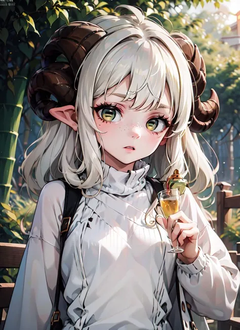 ((best quality)), ((highly detailed)), masterpiece, absurdres, extremely detailed face, beautiful face, (detailed eyes, deep eyes), (1girl), dynamic pose, upper body, ((sheep girl)), ((ram horns)), , ((white hair:1.3)), medium hair, (((very curly hair))), yellow eyes, <lora:horizontal_pupils-v2:1>, horizontal pupils, ð, (freckles), sheep wool, wooly, fluffy, small breasts, (white ribbed sweater), long sleeves, turtleneck, (outdoors, at a bamboo forest, sunset)