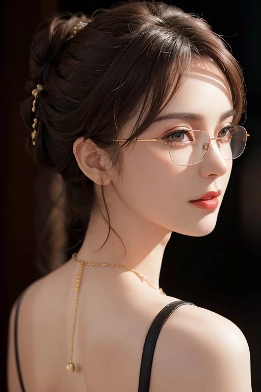 hyper realistic,lifelike texture,dramatic lighting,Nikon RAW photo,8k,Fujifilm XT3,masterpiece,best quality,realistic,(photorealistic:1.4),ultra detailed,extremely detailed face,,
beautiful eyes,beautiful face,half updo,([brown|blonde:30] hair),(red And brown) eyes,(eyewear on hair),looking back,(smile:0.7),(evening gown:0.7),backless outfit,gold necklace,