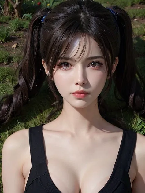 (facial focus),in China,On the grass,Rainbow in the Sky, chinese girl,Realistic Art, photo realistic, dynamic lighting,  very detailed faces, 8 k, 1girl,under the sun, twintails hairstyle, black hair,c-cup,Hanfu, Character front,full-body shot