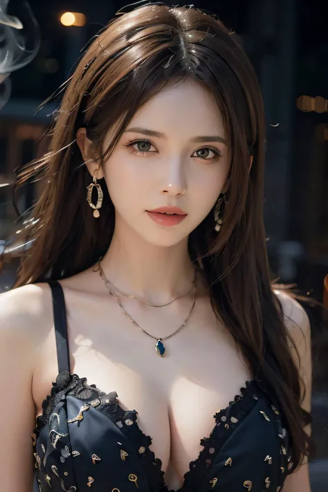 8K uhd、RAWphotograph, European race、(masterpiece、highest quality、Photorealistic、High resolution、photograph:1.3)、Close-up、Focusing、Hot Model、slim、30 year old mature woman、Small face、No makeup、Short Hair、Dark Brown Hair、Fine beautiful eyes、Real Skin、(perfect body)、Sexy hot face、Erotic、Sexual gaze、Detailed beautiful eyes、Glossy lips、large breasts、big breasts、Bust G cup、Realistic details、Cool beauty、Cool pose、Background gray、Plain grey background, see-through nipples, erect nipples,, ring earrings, necklace, (thick eyeliner), (eye shadow),(red lips), ((blush)), ((pointy nose)), smile, nsfw, sexy, skinny waist,