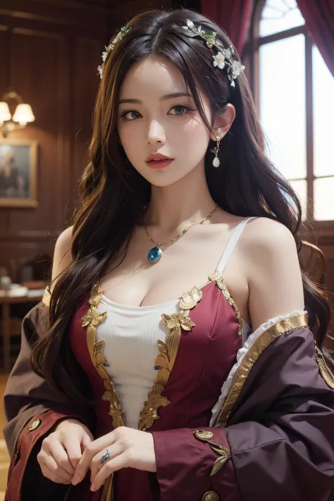 (RAW photogr,best qualtiy), best qualtiy, The is very detailed, tmasterpiece, ultra - detailed, illustratio, one-girl, (huge boob,cleavage), dynamic angle, best qualtiy, extremely detailed CG unity 8k wal,电影灯光,Dunhuang-style women wear waist skirts,Upper body dark red collared shirt,Wrapped in a heavy chest,The waist is just tied at the waist,Pendant with pressed skirt beads,The skirt is a pale white pleated skirt;Eyes like apricots,The lips are lit with vermilion rouge,With an intellectual temperament,Beautiful without losing stability and maturity。