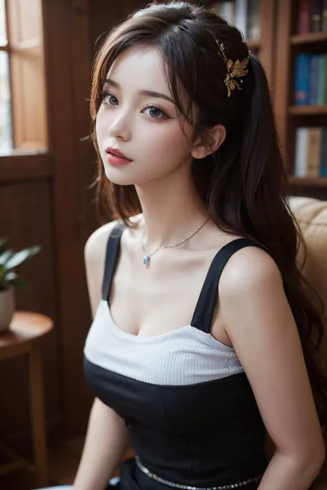 Masterpiece, best quality, super fine, 16k, incredibly absurdres, extremely detailed, beautiful woman, amorous and lewd expression, glossy white-gold messy short hair, side braided, She is wearing a loose-fitting tank top, and mini skirt, superlative body proportion,bedroom,