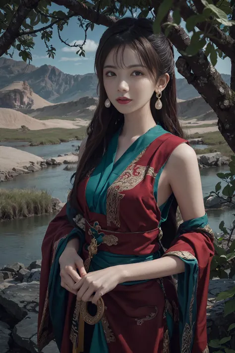 masterpiece, high quality, winning work, (reality: 1.5), 8K, a girl, beautiful moving, red long hair, kanji hair, earrings, Dunhuang, Dunhuang_STYLE, half-body shot, close-up, (facing lens: 1.3), forest, river, marsh, dark wet, <lora:dunhuang_v20:0.7>