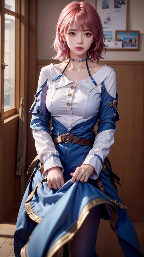 (extremely detailed CG unity 8k wallpaper), (masterpiece), (best quality), (ultra-detailed), (best illustration), (photorealistic), 1girl,
focus face, detailed face and eyes, medium breasts, nice detailed eyes, depth of field, professional lighting, photon mapping, radiosity, physically-based rendering, hologram,<lora:GirlfriendMix2:0.7:OUTALL>, <lora:ChineseDollLikenessV2.0:0.5:OUTALL>, lips, blunt bangs, makeup, perfect skin, amazing body, look at viewer, march 7th \(honkai: star rail\), <lora:march_7th__honkai _star_rail__offset:1:OUTALL>, blue skirt, detached sleeves, earrings, jewelry, long sleeves, pink hair, shirt, skirt, full body,, masterpiece,ultra realistic,32k,extremely detailed CG unity 8k wallpaper, best quality