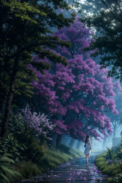 masterpiece,ultra realistic,32k,extremely detailed CG unity 8k wallpaper, best quality,official art, unity 8k wallpaper, ultra detailed, beautiful and aesthetic, masterpiece, look at viewer, best quality,1girl, extremely detailed, dynamic angle, pale skin, radiance, iuminosity, cowboyshot, the most beautiful form of chaos, elegant, a brutalist designed, vivid colors, romanticism, ecstasy of musical notes, streaming musical notes visible, flowers in full bloom, many bird of paradise, deep forests,city,street lights,soft lighting,dimmly lit,depth of field,coolcolour,low key,dark scene,