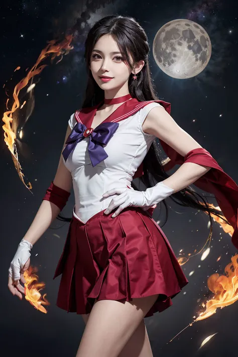 masterpiece, full: 1.5, stand, 8K, 3d, Realistic, Ultra-microphotography, Highest quality, Super Detail CG Unity 8K Wallpaper, From below, Intricate details, (1 female), 18-year-old, Shiny crimson plated mini skirt: 1.4,(Same 1, tiara, Sailor Warrior Uniforms, White gloves, Red Sailor Collar, Red Skirt, Sailor Warrior Uniforms: 1.2, Sailor Mars: 1.2, Meishaon), Incredibly long and straight purple-black hair: 1.2, Beautiful straight long hair shines: 1.2, Sailor Warrior Uniforms, ((A very large purple ribbon in the center of the chest: 1.4, 額に金色のtiara: 1.5, Red gloves on elbows: 1.1, Shiny crimson color with luxurious gold decoration: Enamel Long Knee High Boots: 1.3, Deep crimson collar, Deep crimson sailor collar, Long white latex gloves with luxurious gold embellishments: 1.3, A very large red ribbon on the back of the waist: 1.1, Red choker, Cleavage looks sexy bold and big, Red star earrings)), SMMars
Very long hair, Parted bangs,(Captivating smile, Very cute face, Facial details: 1.5, Bright purple eyes, Beautiful Face, Beautiful Eyes, Shining Eyes, Thin lips: 1.3, Thin, sharp, pale eyebrows, Long, black eyelashes, Double eyelashes), Luxury gold jewelry, Huge white wings, Lean and muscular, Muscular Abs, Small face, Huge breasts, Perfect proportions, Narrow waist, Sexy model posing, 毛穴が目stand, Perfect hands: 1.5, (Ultra-thin, high-gloss white holographic leather), Bold and sexy sheer high leg swimsuit, Combat Stance, Octane Rendering, A very dramatic image, Strong natural light, sunlight, Exquisite lighting and shadows, Dynamic Angle, Digital SLR, Sharp focus: 1.0, Maximum clarity and sharpness, (Burning space background, Dynamic flames  the background, Burning Man: 1.2, fireball, spark, Dynamic Fire, Burning Hair, Dynamic Frame, Mars, moonlight, moon, Dynamic Background, Detailed Background)