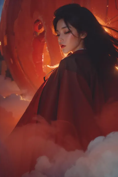 absurdres, (best quality), (masterpiece),(ultra-detailed:1.2),(photorealistic:1.4),(highres),reflection,low angle, sword reflection,samurai, long hair,glowing eyes,red eyes,(half closed eyes:1.4), kimono,strapless, traditional architecture,night,(red moon:1.1),(fog:1.4),(silhouette:0.8) , (expressionless:1.3),(ghost:1.1),red fire,,fantasy, high contrast, ink strokes, explosions, over exposure, purple and red tone impression , abstract, ((watercolor painting by John Berkey and Jeremy Mann )) brush strokes, negative space,