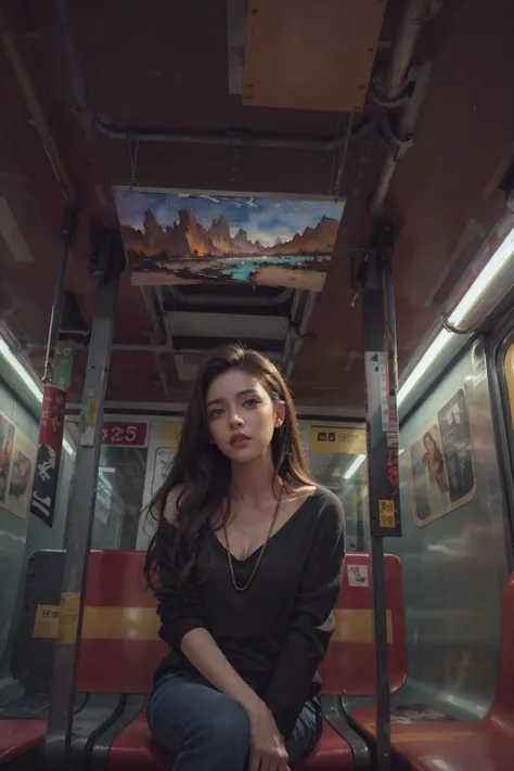 (masterpiece, best quality),1girl sitting on a subway train, looking to the side, subway car door, from below, solo focus, sad, detailed eyes,fantasy, high contrast, ink strokes, explosions, over exposure, purple and red tone impression , abstract, ((watercolor painting by John Berkey and Jeremy Mann )) brush strokes, negative space, <lora:evaNeonGenesis_v10:0.6>