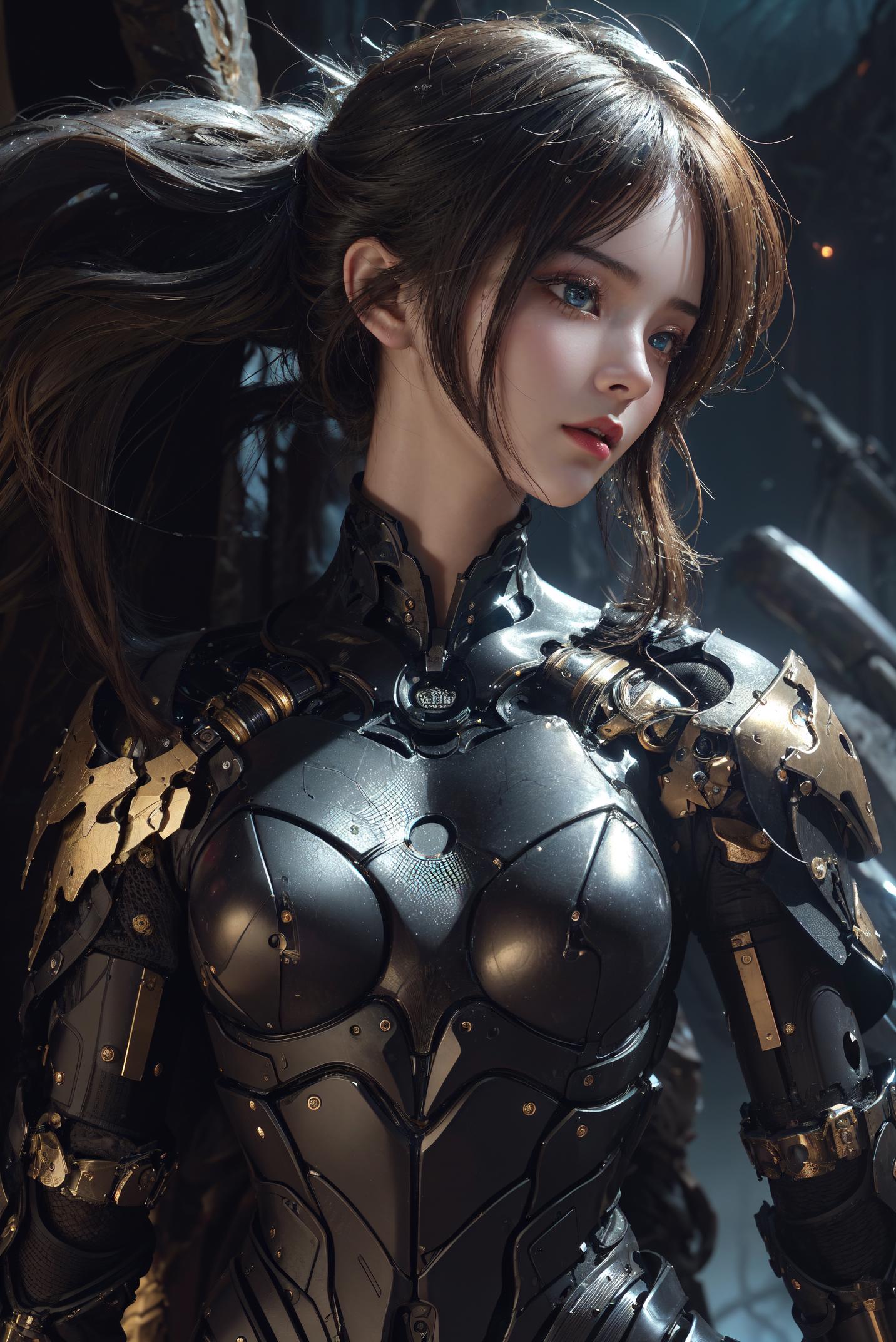 A close up of a woman in a futuristic suit with a sword - SeaArt AI