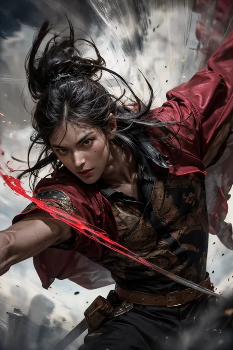 (RAW photo, best quality),(realistic, photo-realistic:1.3),extremely delicate and beautiful,Amazing,finely detail,masterpiece,ultra-detailed,highres,(best illustration),(best shadow),intricate,
(male:1.4),armored,sword,long hair,black hair,holding weapon,blood,holding sword,arm guards,blood on weapon,tabi,floating hair,full body,fantasy,ink strokes,explosions,over exposure,((watercolor painting by John Berkey and Jeremy Mann )) brush strokes,negative space,red paint splatted,in the style of gritty urban realism,violent,wildlife art with a satirical twist,intense energy,(fogy:1.4),
sharp focus,volumetric fog,8k UHD,DSLR,high quality,(film grain:1.4),Fujifilm XT3,black and red tone impression on background,motion blur,
<lora:wuxia:0.6> <lora:Smoke:0.8>,<lora:add_detail:1>,