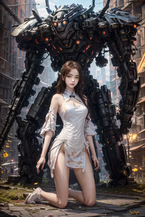 masterpiece,ultra realistic,32k,extremely detailed CG unity 8k wallpaper, best quality, (1 girl, full body, kneeling, holding long sword), white hanfu, <lora:shitu-mechaV1:0.65>