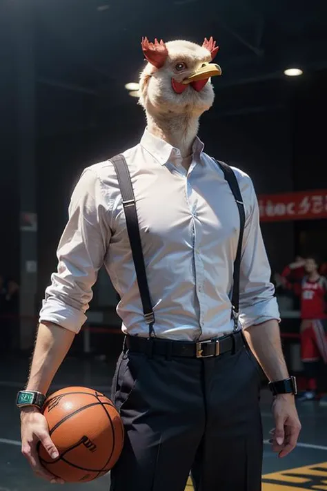 masterpiece,best quality,ultra high res,realistic skin,Dramatic lighting,1chicken man,
((anthropomorphic)),Black high-necked clothes,((Braces trousers)),playing basketball,