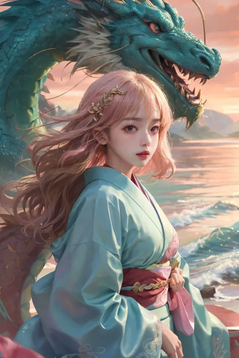 ((best quality)), ((masterpiece)), ((realistic)), (detailed), (photorealistic:1.3),1girl, golden hair,looking at viewer, kimono, outdoors, sea, waves, paper lanterns, ((green and pink theme)), scenery, horizon, vivid colors, colorful, volumetric lighting, sparkle, red sky, vibrant details, extremely detailed, RAW photo, 8k, high res, sharp focus, intricate details, absurdres
<lora:loong2:0.8>, loong dragon, red dragon, detailed dragon, dragon scales