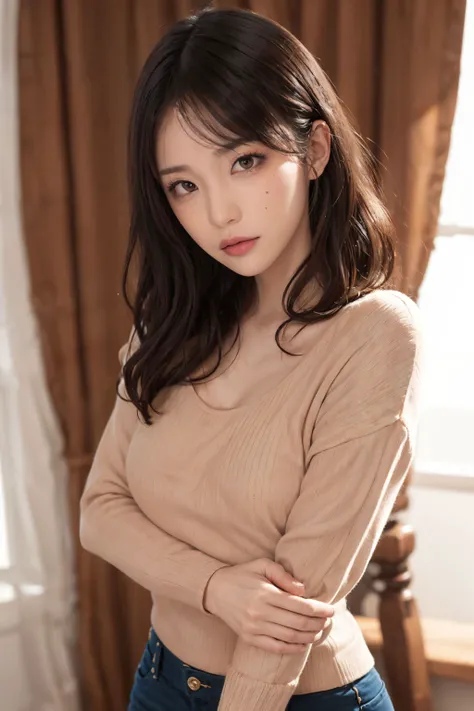 a woman in a tan sweater posing for a picture in a room with a window and curtains behind her, Du Qiong, sakimi chan, a character portrait, dau-al-set <lora:AVID-airiV2:0.4>
