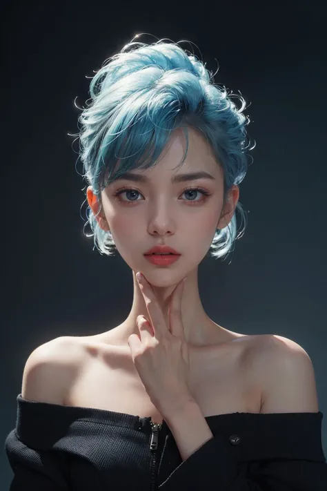 portrait of 1 caucasian woman, sad ,(hi-top fade:1.3), dark theme, soothing tones, muted colors, hopeless (pale skin,blue eyes, blue hair,buzz cut, blue lips), perspective, (black off the shoulder dress, bloody hand,)high key lighting (by Enki Bilal , methurlant) (masterpiece, best quality:1.3),