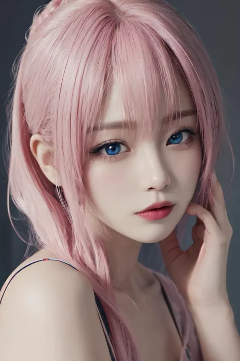 masterpiece,best quality,highres, ultra-detailed, solo, 1girl, pink hair, very long hair, blue eyes, pink deteailed Luxury dress, 
Neko Koyoshi, facial close-up,