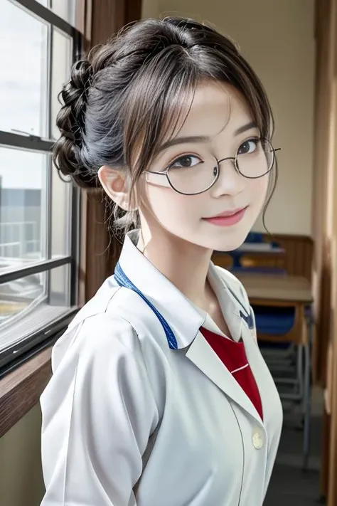 masterpiece,best quality,highres,,8K,
hyper realistic,lifelike texture,dramatic lighting,Nikon RAW photo,8k,Fujifilm XT3,masterpiece,best quality,realistic,ultra detailed,extremely detailed face,,
1girl,(beautiful face),(beautiful eyes),[blue|brown:0.8] eyes,Updo haircut,floating hair,,
teenage young student,(framed eyewear),cutie,(smile:0.8),,
in the classroom,The sun shines in through the window,indoors,,
(student uniform:1.2),(white uniform:0.8),white pantyhose,<lora:40D_vertical_stripe_white_pantyhose:1>,,ulzzang-6500-v1.1,