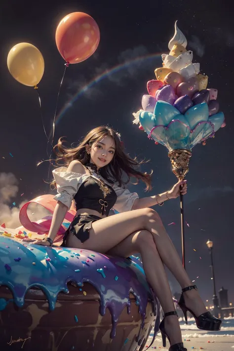 A girl sitting on a giant ice cream, which is adorned with vibrant colors, delightful frosting, and rainbow sprinkles. She holds an oversized waffle cone,shimmering candies. Floating around her are some small balloons, each tied to a petite candy. The scene is filled with sweetness and joy, showcasing the girl's happiness and the enchanting fusion of her imagination and a fantastical world,fantasy, high contrast, ink strokes, explosions, over exposure, purple and red tone impression , abstract, ((watercolor painting by John Berkey and Jeremy Mann )) brush strokes, negative space,evil smile,
