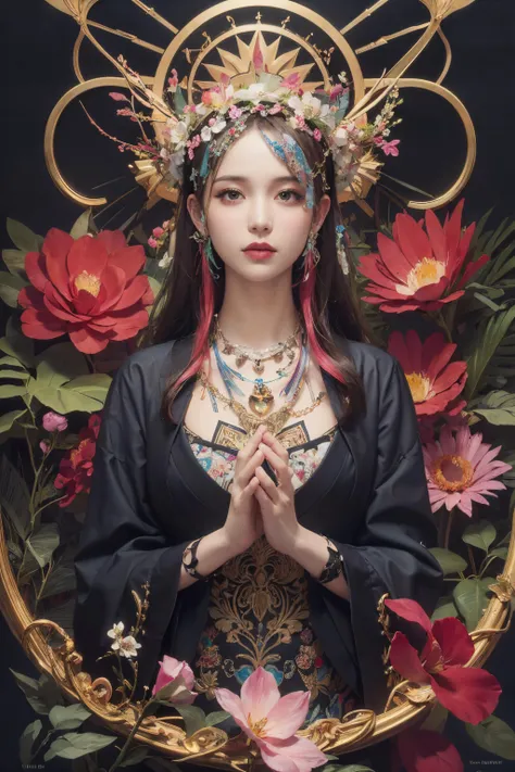 official art, unity 8k wallpaper, ultra detailed, beautiful and aesthetic, masterpiece, best quality, (zentangle, mandala, tangle, entangle), 1girl, extremely detailed, dynamic angle, pale skin, radiance, iuminosity, cowboyshot, the most beautiful form of chaos, elegant, a brutalist designed, vivid colors, romanticism, by james jean, roby dwi antono, ross tran, francis bacon, michal mraz, adrian ghenie, petra cortright, gerhard richter, takato yamamoto, ashley wood, atmospheric, ecstasy of musical notes, streaming musical notes visible, flowers in full bloom, many bird of paradise, deep forests,