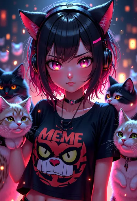 Anime style, girl wearing meme cat shirt, silly, smug, beautiful, high quality, hand drawn, surrounded by cats,
black hair, multicoloured hair, pink highlights, headphones on shoulders,
MythAn1m3,
Sparks and embers fly around her in the dimly lit, blurred background. Anime style, high contrast, and saturated colors. <lora:FluxMythP0rtr4itStyle:0.8>
