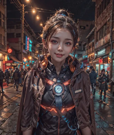 (masterpiece:1.3), best quality, absurdres, extremely detailed, evening,natural light, BREAK,<lora:rMadArt3_NoiseOffset:1>,
BREAK
cute girl, cyberpunk clothing, ponytail, smile, cape with hood, (lights in clothing:1.1), purple lights, orange lights, blue lights,<lora:Neonpunkai-8:0.7>, neonpunkai,
BREAK
alley background,