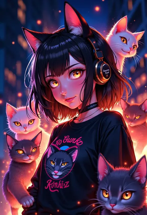 Anime style, girl wearing cat shirt, silly, smug, beautiful, high quality, hand drawn, surrounded by cats, no cat ears,
black hair, pink highlights, headphones on shoulders,
MythAn1m3,
((Lisa frank shirt, rainbow cats,))
Sparks and embers fly around her in the dimly lit, blurred background. Anime style, high contrast, and saturated colors. <lora:FluxMythP0rtr4itStyle:0.8>